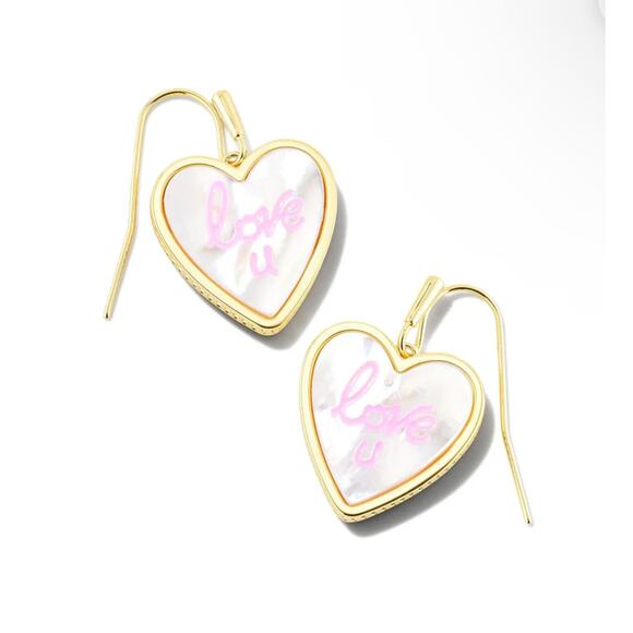 NWOT! Kendra Scott Love U Heart Gold Drop Earrings in Ivory Mother-of-Pearl - Picture 2 of 5